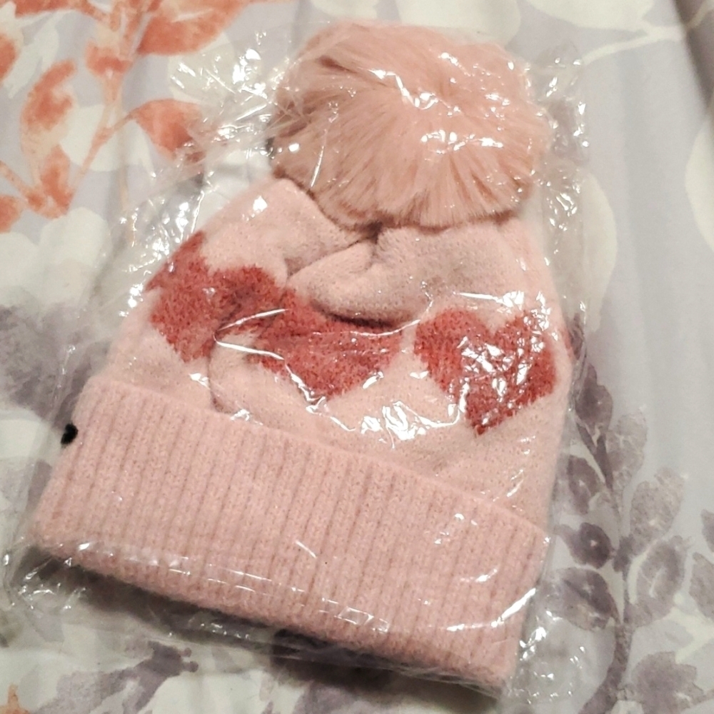 Pink hearts acrylic pom pom hat